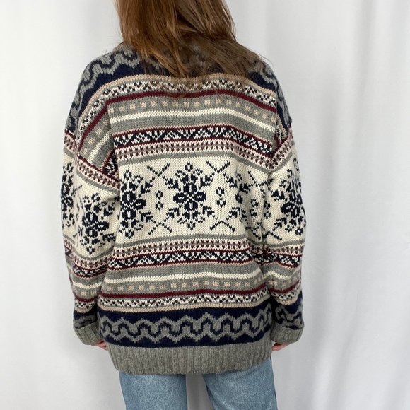 Vintage Nordic Fair Isle Wool Oversized Knit Crew Neck Grandpa Fisherman Sweater - Picture 4 of 8
